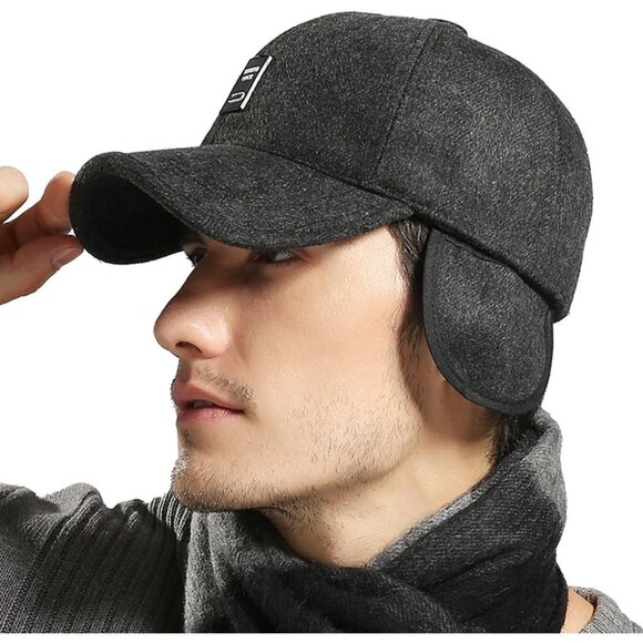 🆕 Men Black Baseball Cap Winter Warm Wool Tweed Peaked Fold Earmuff Jacket Hat - Picture 6 of 6